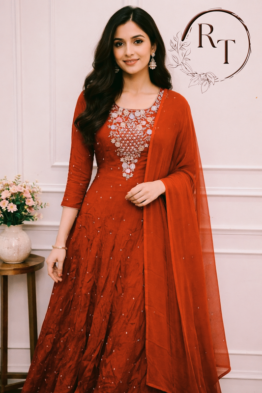 Rust Red Chinon Anarkali Set with Hand Maggam Work 345