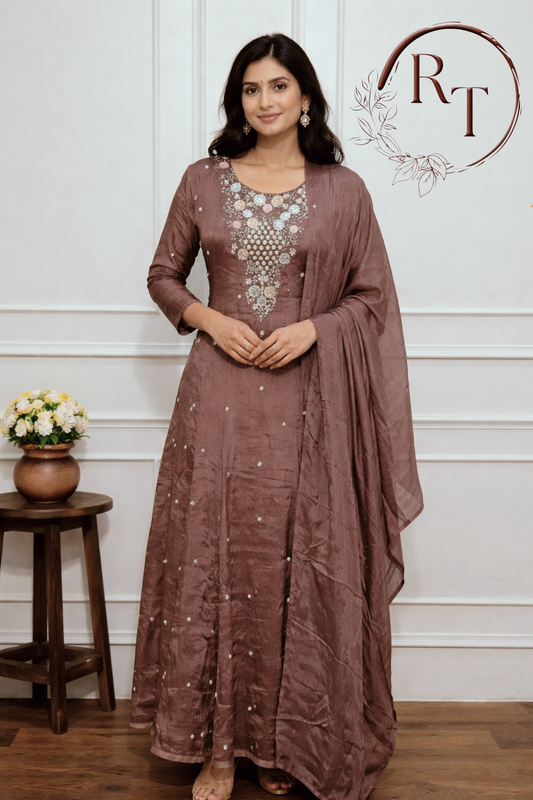 Mocha Brown Chinon Anarkali 3pc Set with Hand Maggam Work 345