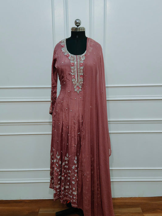 Rose Pink Chinon Anarkali 3pc set with Hand Magam work 425