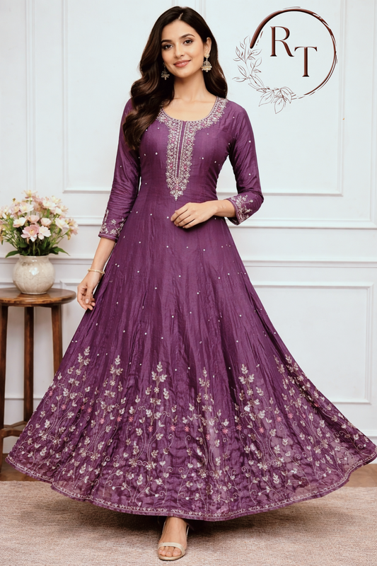 Plum Purple Chinon Anarkali 3pc set with Hand MagamWork 425