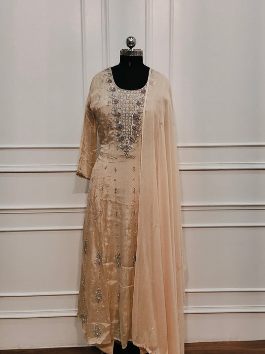 Beige  Chinon Anarkali 3pc Set with Hand Maggam Work 425
