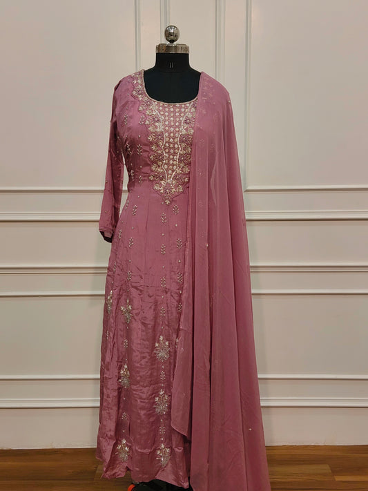 Rose Pink  Chinon Anarkali 3pc Set with Hand Maggam Work 425