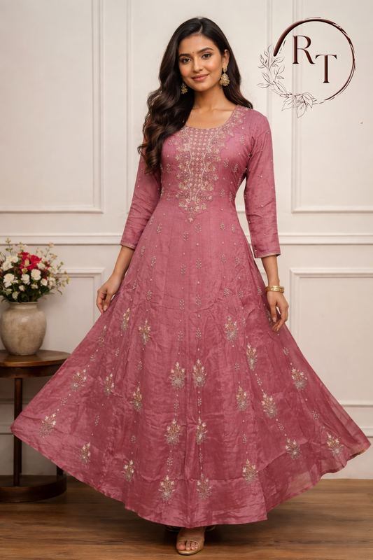 Rose Pink  Chinon Anarkali 3pc Set with Hand Maggam Work 425