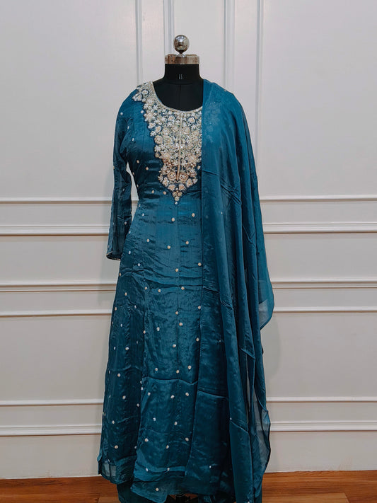 Blue   Chinon Anarkali 3pc set with Hand MagamWork  365