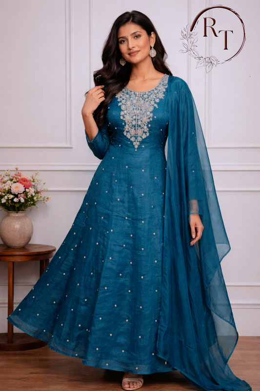 Blue   Chinon Anarkali 3pc set with Hand MagamWork  365