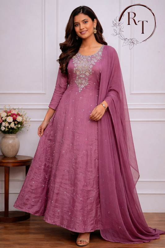 Pink Chinon Anarkali 3pc set with Hand MagamWork  365