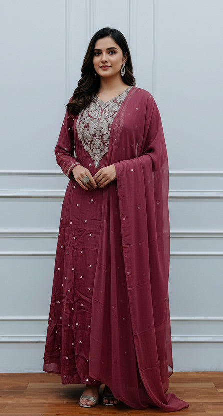 Rose Pink Chinon Anarkali 3pc set with Hand MagamWork  365