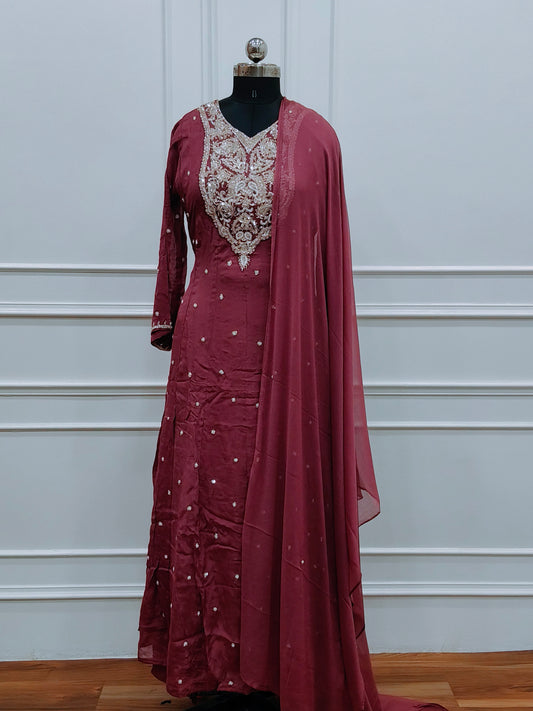 Rose Pink Chinon Anarkali 3pc set with Hand MagamWork  365