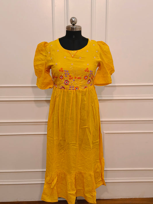 Elegant Mustard Yellow Cotton Maxi Dress with  Embroidery work 115