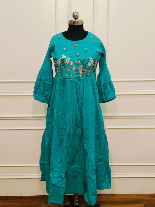 Elegant Teal Blue Cotton Maxi Dress with Embroidery work 135