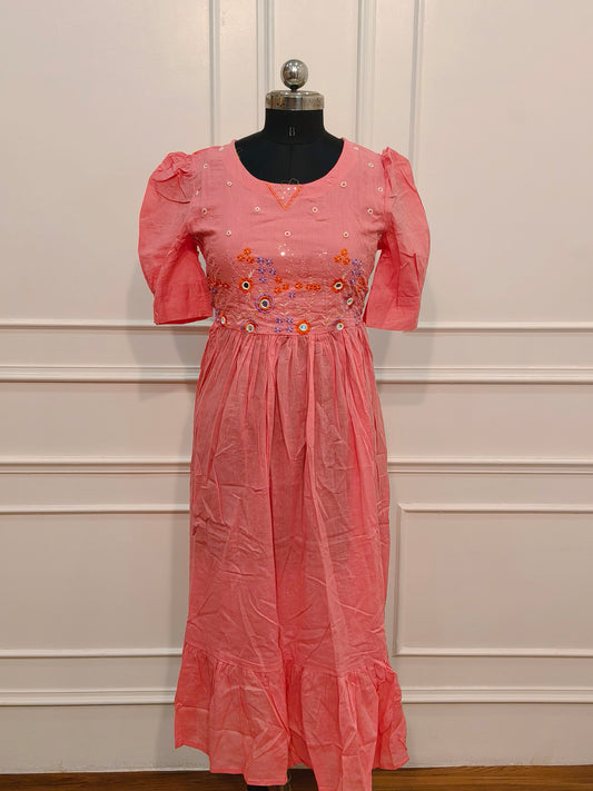 Elegant Peach Cotton Maxi Dress with  Embroidery work 115