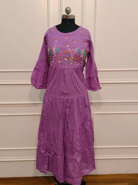 Elegant Orchid Purple Cotton Dress with Embroidery 135