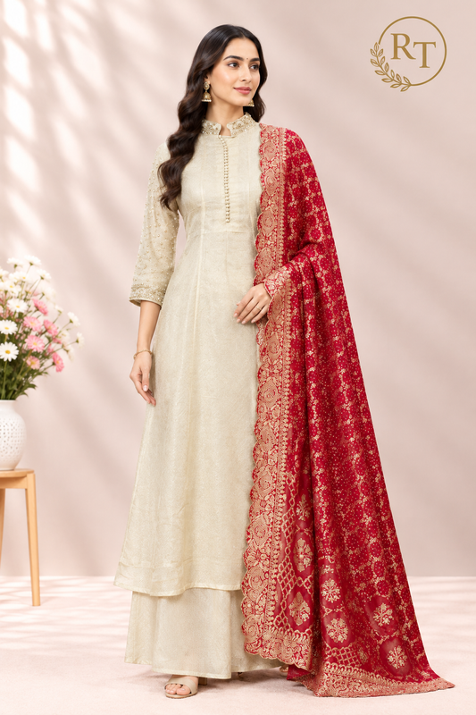 Ivory Royale Tissue Embroidered Anarkali Suit Set with Maroon Bandhani Dupatta (RT1602)