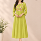 Lime Green Mull Chanderi Flared Frock with Crane Motif Embroidery (RT1682)