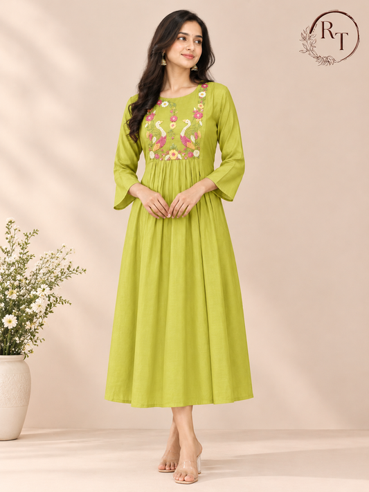 Lime Green Mull Chanderi Flared Frock with Crane Motif Embroidery (RT1682)