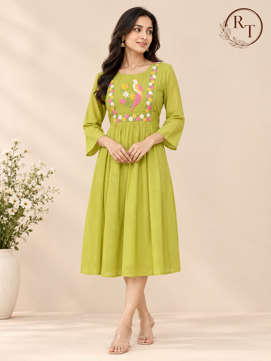 Lime Green Mull Chanderi A-Line Frock with Single Peacock Motif (RT1680)