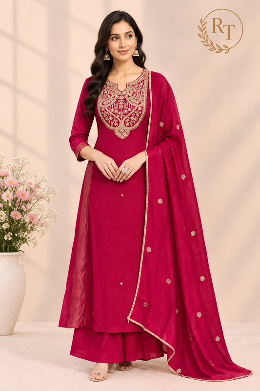 Ruby Magenta Grace Mull Chanderi A-Line Embroidered Suit Set (RT1552)