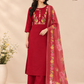 Red Mull Chanderi Straight Cut 3-Piece Set with Embroidered Yoke & Floral Dupatta (RT1683)