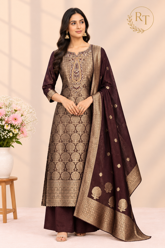 Royal Maroon Grace – Benaras 3 Piece Straight Cut Suit Set (RT1642)