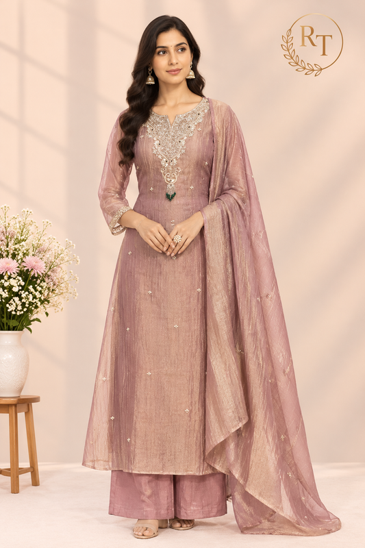 Rosewood Glow Salsa Embroidered A-Line Suit Set (RT1608)