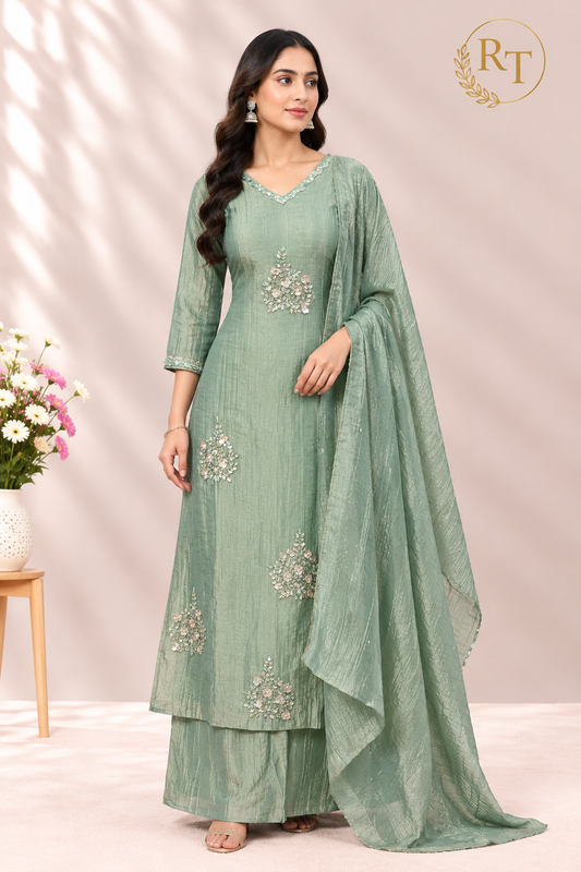 Sage Green – Salsa Embroidered A-Line 3 Piece Suit Set (RT1615)