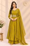 Mustard Glow Mull Chanderi Embroidered A-Line Suit Set (RT1611)