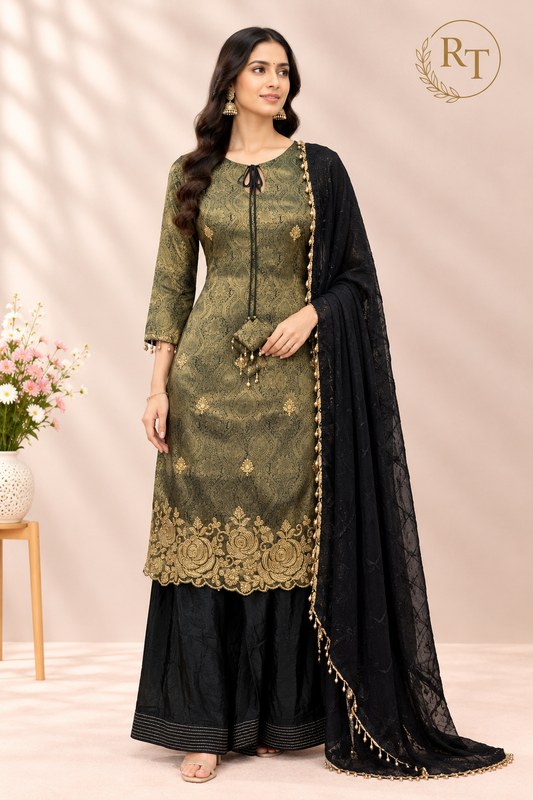 Olive Black Royale – Premium Benaras Farsi Salwar Suit Set (RT1577)