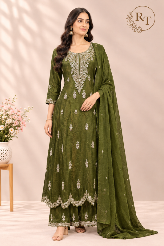 Olive Green Regal Chinon Anarkali Set (RT1562)