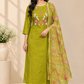 Lime Green Mull Chanderi Straight Cut 3-Piece Set with Embroidered Yoke & Floral Dupatta (RT1684)