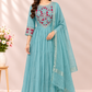 Ocean Teal Floral Embroidered Poly Mull Chanderi A-Line Suit Set (RT1696)