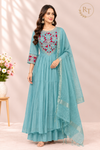 Ocean Teal Floral Embroidered Poly Mull Chanderi A-Line Suit Set (RT1696)