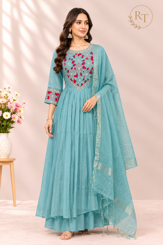 Ocean Teal Floral Embroidered Poly Mull Chanderi A-Line Suit Set (RT1696)