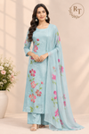 Pastel Blue Floral Chinon A-Line 3 Piece Suit Set (RT1547)