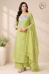 Lime Green Floral Embroidered Mull Chanderi Suit Set (RT1592)