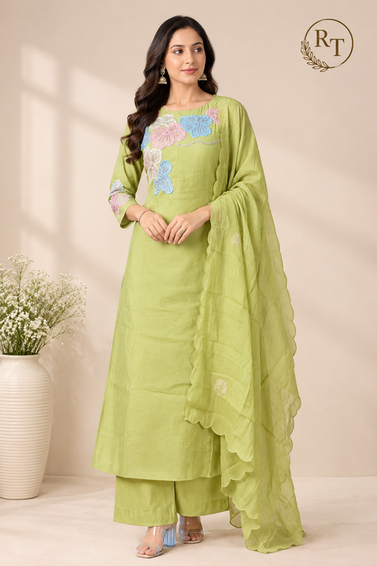 Lime Green Floral Embroidered Mull Chanderi Suit Set (RT1592)