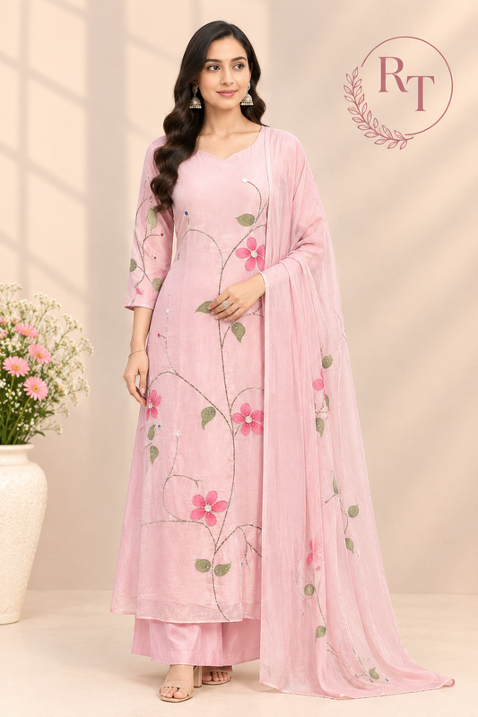 Pink Floral Embroidered A-Line Suit Set (RT1613)