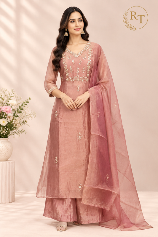 Pastel Rose Floral Embroidered A-Line 3-Piece Suit Set (RT1570)