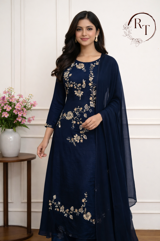 Navy Blue Chinon Hand magam Work 3pc Kurthi set 345