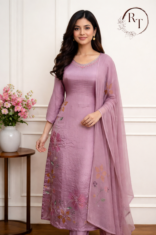 Lavender Chinon Brush Paint Magm Work 3pc Kurthi set 275
