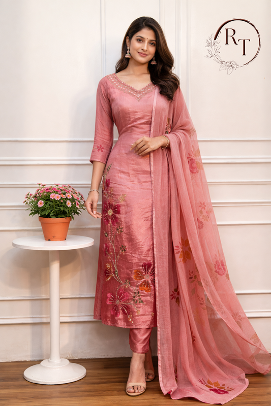 blush pinkChinon Brush Paint Magm Work 3pc Kurthi set 275