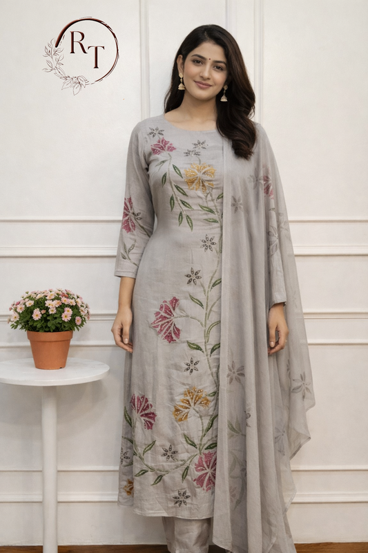 Grey Chinon Brush Paint Magm Work 3pc Kurthi set 275