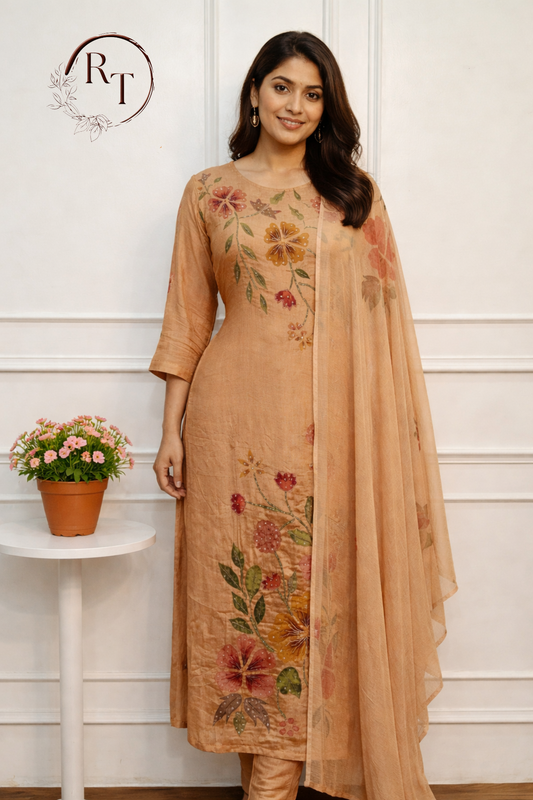 Peach Beige Chinon Brush Paint Magm Work 3pc Kurthi set 275