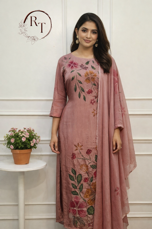 Onion pink Chinon Brush Paint Magm Work 3pc Kurthi set 275