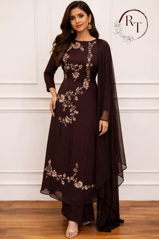 Brown Chinon Hand magam Work 3pc Kurthi set 345