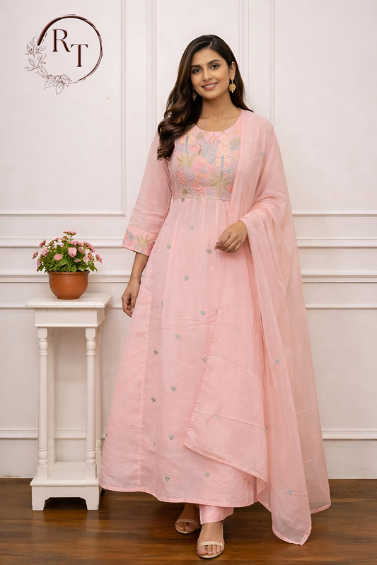 Pink MullCotton Floral Embroidered Anarkali 3pc set 145