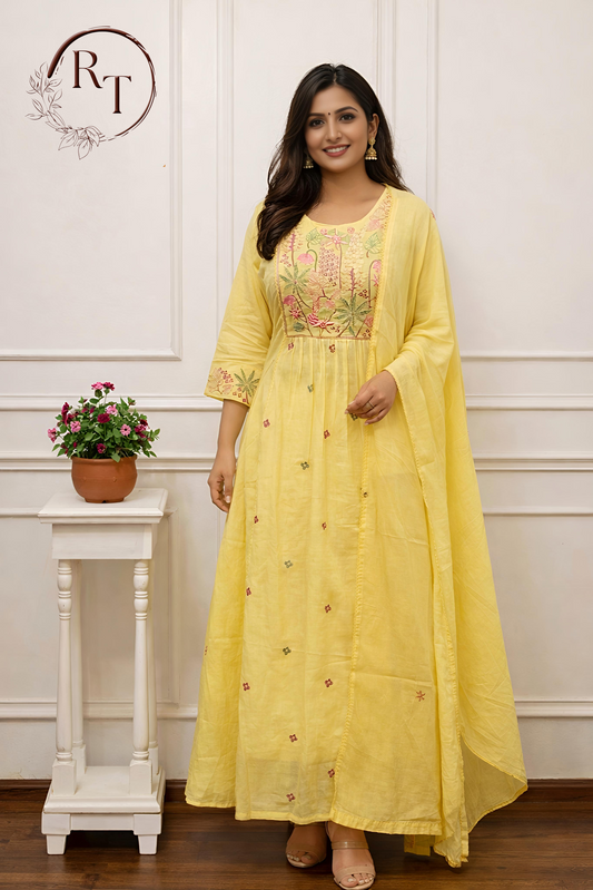 Yellow MullCotton Floral Embroidered Anarkali 3pc set 145