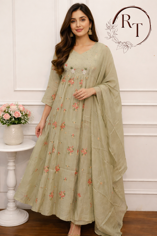 Pestal Green Mull chenderi embroidery 3pc anarkali set 235