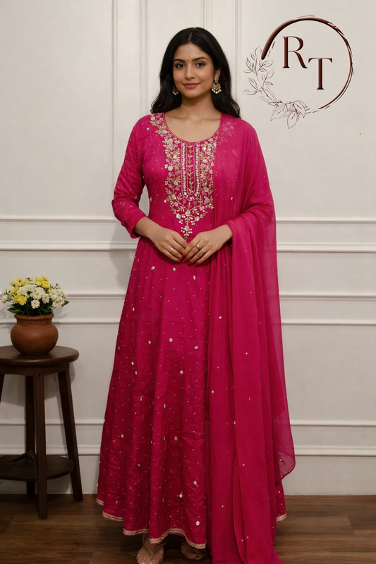 Pink Chinon Hand Magam Work Anarkali 3pc set 385
