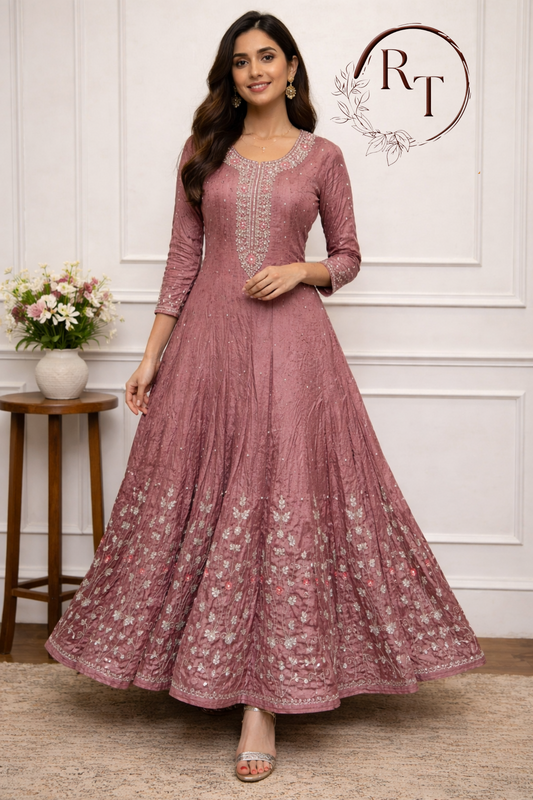 Rose Pink Chinon Anarkali 3pc set with Hand Magam work 425