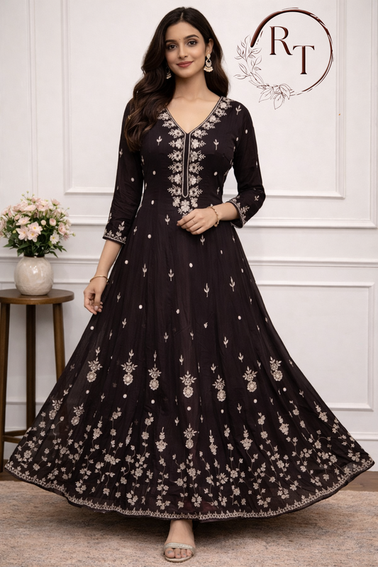 Brown Chinon Anarkali 3pc set with Hand Magam Work 425